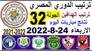 ترتيب الدوري المصري وترتيب الهدافين و نتائج مباريات اليوم الاربعاء 24-8-2022 الجولة 32