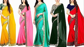 Beautiful Plain Saree With Border Design || Chiffon, Georgette, Silk Sarees With Price