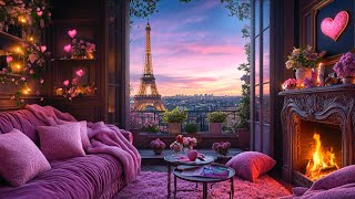 Cozy Pink Paris Valentine's Day Ambience 💕 Romantic Eiffel Tower View \u0026 Fireplace for Relax \u0026 Sleep