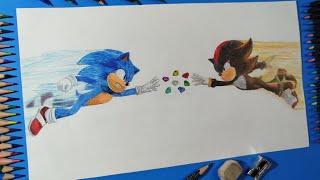 Dibujo Sonic Shadow y Chaos Emeralds | Sonic 3 La película | Drawing Sonic Shadow and Chaos Emeralds