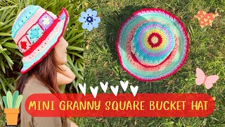 โครเชท์หมวกบักเก็ท👒MINI GRANNY SQUARE BUCKET HAT | Eng sub