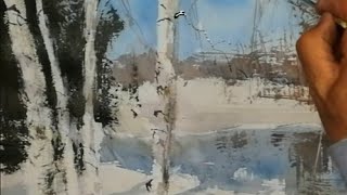 Paint soft and Loose style watercolour with fan brush. Snow scene 衣昕扇形笔水彩技法 .