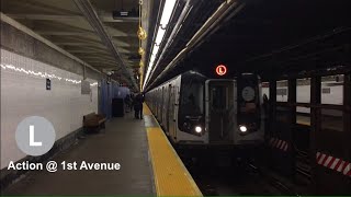 NYC Subway: BMT R143 \u0026 R160A (L) Train Action @ 1st Avenue (HD 60FPS)