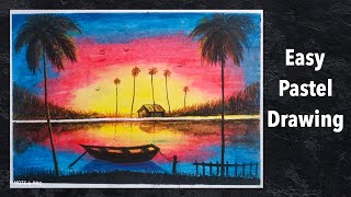 Easy Oil Pastel Landscape Drawing| Art Lobby| scenery How to use oil pastels lesson|Sunset|ASMR