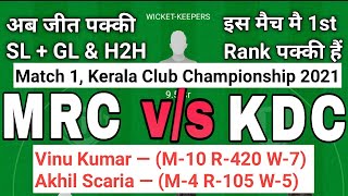 MRC vs KDC | MRC vs KDC | Mrc vs Kdc dream11 team | MRC vs KDC Match 1 Kerala Club Championship 2021