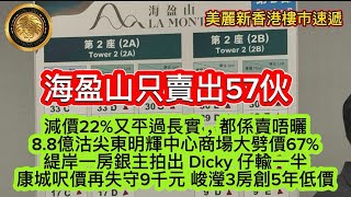 1.16 海盈山只賣出57伙｜減價22%，又平過長實，都係賣唔曬｜8.8億沽尖東明輝中心商場大劈價67%｜緹岸一房銀主拍出 Dicky 仔輸一半｜康城呎價再失守9千元 峻瀅3房創5年低價！