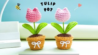 🌷Crochet Flowers🌷 How to crochet a Mini Tulip Pot | Step by step Tutorial for beginners