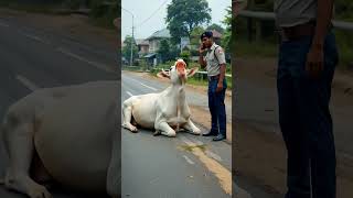 Pregnant cow rescue by brave police from city road #humanity #rescueanimals #cow #veternary #animals