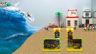 Tsunami Causes Flooding Coastal Lego City & Underground Shelters - Lego Dam Breach Experiment