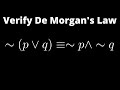 Verify De Morgan's Law using a Truth Table ~(p V q) = ~p ^ ~q