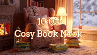 10 Minute Cozy Reading Timer | Relaxing Piano Music, Fireplace Book Nook, Snowfall, Calm Focus