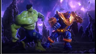 Thanos and Hulk fighting on Titan Iron Man and The Avengers help