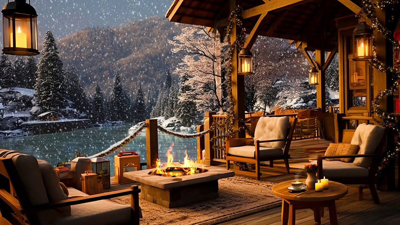 Cozy Winter Porch Ambience ⛄ Smooth Jazz Background Music With Snowfall ...