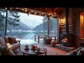 snowfall at cozy winter cabin ambience ❄️ slow piano music u0026 fireplace sounds for relaxation