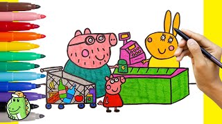 How to draw Peppa Pig And Daddy Pig At The Supermarket - Easy Drawing for Kids Cute