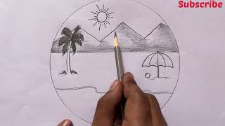 Summer season scenery drawing in Sea beach with pencil sketch / Sea beach scenery drawing