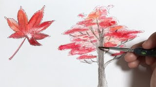 ペンと色鉛筆で描く簡単な紅葉の絵の描き方