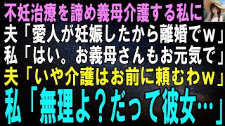 【スカッとする話】不妊治療を諦め義母の介護をする私に夫「愛人が妊娠したから離婚でｗ」私「…そう。お義母さんもお元気で」夫「いや、介護はお前の仕事だろ？」私「無理よ。だって彼女…」【修羅場】