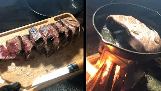 焚き火で分厚いステーキ🥩を焼いて一人で食う　Steak with Bonfire in winter