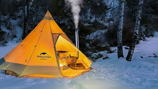 Hot Tent Camping In A SNOW. I cook on a wood burning stove |Relaxing Cosy Shelter, Nature Sounds|