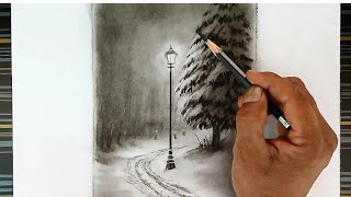 Pencil drawing landscape of winter season nightmode street with lamp pillar.