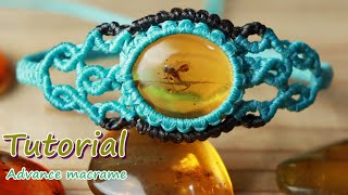 Macrame stone bracelet tutorial /Advance /Amber insect Cabochon armband waxed thread diy handmade