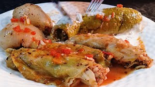 Mediterranean stuffed zucchini and onions, cabbage rolls very yummy... Budget friendly.