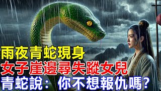 民間故事：雨夜青蛇現身，女子崖邊尋失蹤女兒，青蛇說：你不想報仇嗎？