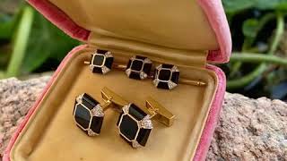 18K YG Onyx \u0026 .50tcw Diamond Cufflinks Stud Set 18.5g