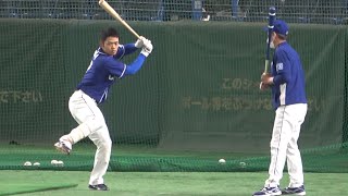 根尾に身振り手振りを交えて熱血打撃指導する立浪監督 (2022/03/27)