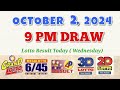 Lotto Result Today 9pm draw October 2, 2024 6/55 6/45 4D Swertres Ez2 PCSO