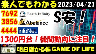 【明日儲かる株】7692 アースインフィニティ！3856 Abalance！揃ってS安！大陰線はもちろん！大陽線も舐めるな！4444 インフォネット！急落時の機関の動きに注目！【20230421】