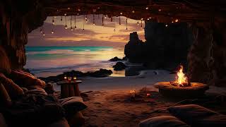 Sunset on Cozy Beach in Cave Ambience with Campfire and Gentle Ocean Sounds for Relaxation