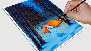 How to Paint a Night Camping in The Winter / How to Paint Landscape With Acrylic / VERY EASY
