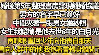 【完结】婚後第5年 整理書房發現離婚協議，男方的名字早已簽好，中間夾著一張男女婚紗照，女生我認識 是他去世6年的白月光，再睜眼 重回少年向他表白那天，看向人群中的他 我抱著書轉身離開了