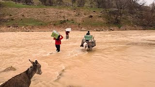 Carrying honey beehives from the river by nomadic men on a rainy day