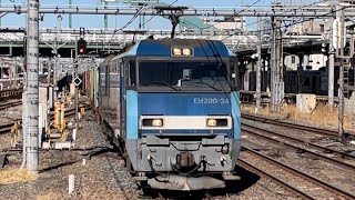 JR貨物EH200形24号機＋赤コキ200形3B（両）＋コキ20B（両）が大宮駅6番線を低速通過するシーン（2088レ・高A203・コンテナ輸送）2023.1.11