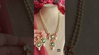 Uncut kundan necklace set gold plated enamel green uncut kundans in gold bezel setting..Smj02410