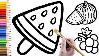 Drawing, Coloring Watermelon Ice Cream, Fruits and Flower | Learn to Draw Step By Step