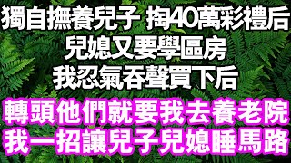 我獨自把兒子養大掏出40萬禮後，媳婦又要學區房。我忍氣吞聲買下後，轉頭，他們就要送我去養老院。我一招 讓兒子媳婦睡馬路。#中老年頻道 #故事 #家庭