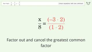 Linear equation with one unknown: Solve x/8-1/2=-7/2 step-by-step solution