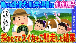 【2ch馴れ初め】俺んちの畑で愛犬と川の字で昼寝するガリガリ双子姉妹→採れたてのスイカをご馳走した結果…【ゆっくり】