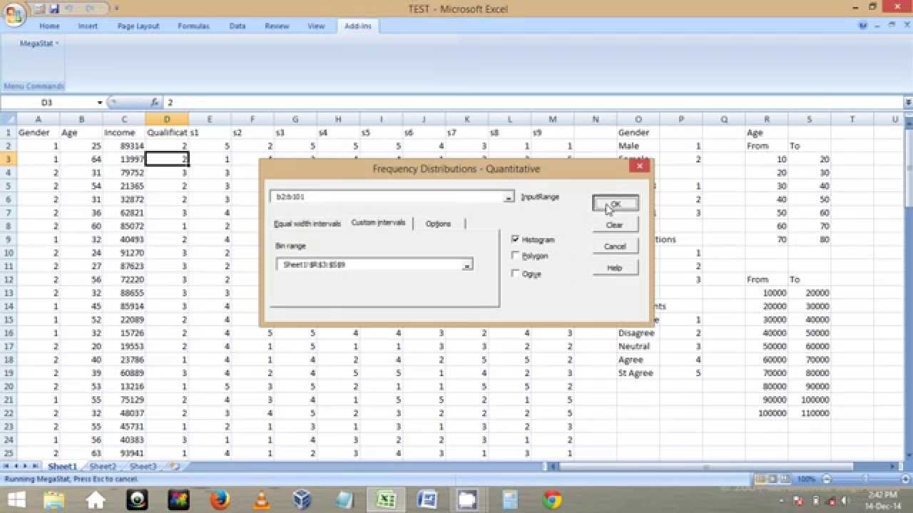 Megastat In Excel Part 4 Quantitative Frequency Distribution Using