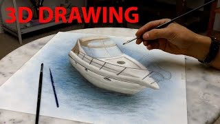 Drawing of a yacht / 3D trick art
