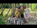 Harvesting the purple sugar cane garden to sell at the market - giant fish trap with a small son