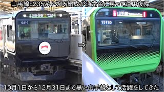 【山手線E235系トウ15編成が運用復帰】黒い山手線E235系だった車体が通常色に戻った ~10月1日から12月31日まで黒い山手線として活躍をしてきた~