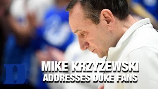 Mike Krzyzewski Addresses Duke Fans After Final Home Game.