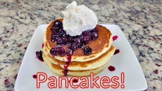 Best Pancakes from Scratch. Topped with Blueberry Compote and Fresh Whipped Cream