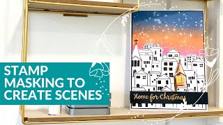 STAMPING & MASKING TECHNIQUE | CHRISTMAS CARD MAKING IDEAS HOUSES SUNSET SNOWY SCENE | WATERCOLOUR