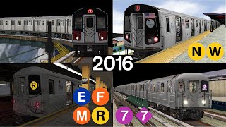 OpenBVE Virtual Railfanning: E, F, R, M, N, W and 7 Trains (multiple stations 2016)